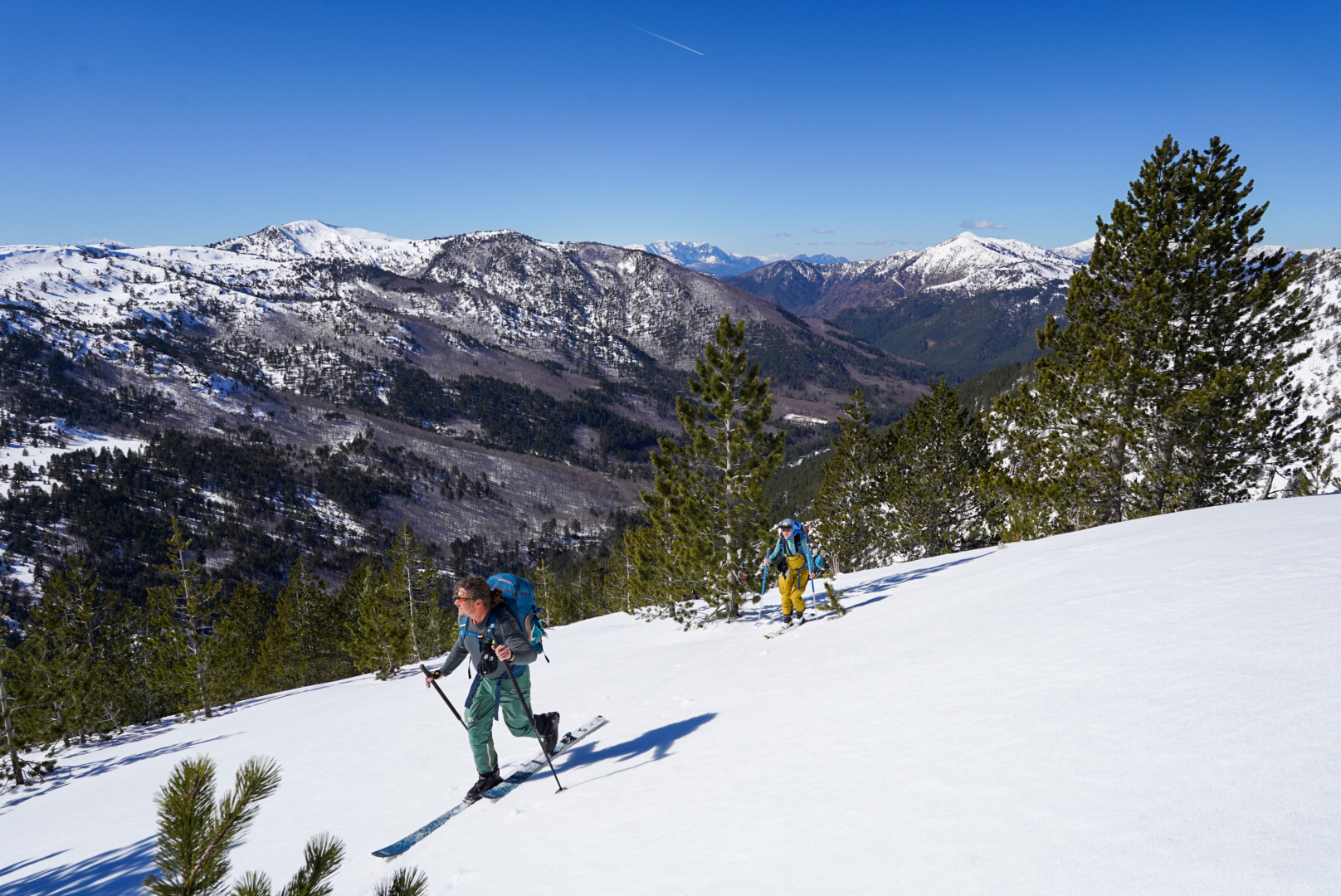 Ski en foret de pins, pinde — périvoli et vasilitsa, lors d’une itinérance à ski en Grèce.